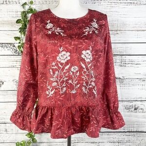 La Bellum Hillary Scott Blouse Top Small Spice Floral Ruffle Modest Career Boho